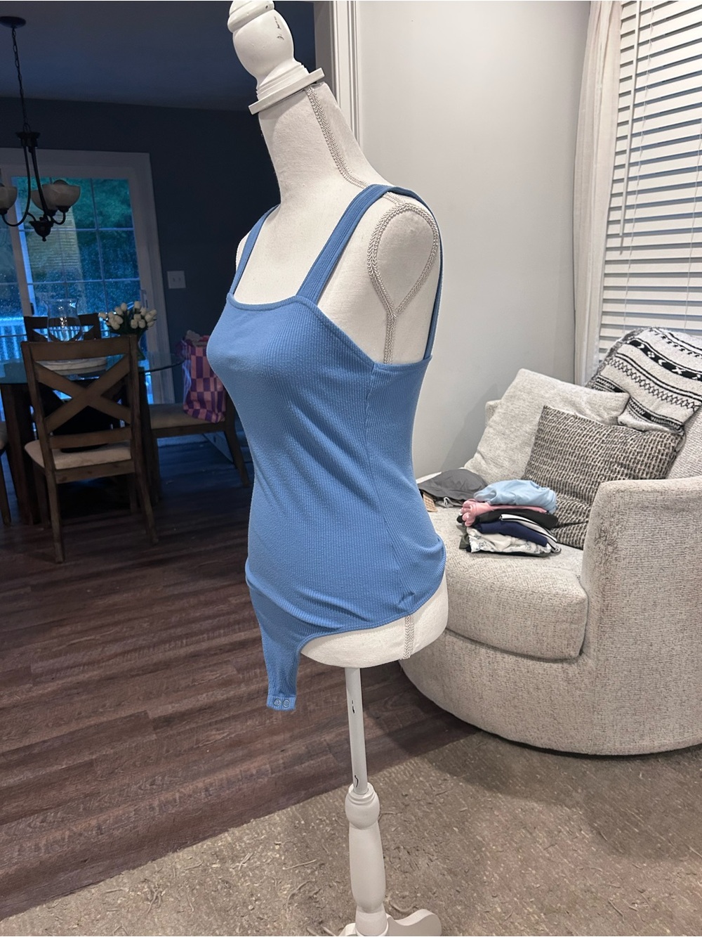 Blue Ribbed Square-Neck Bodysuit - Picture 3 of 9